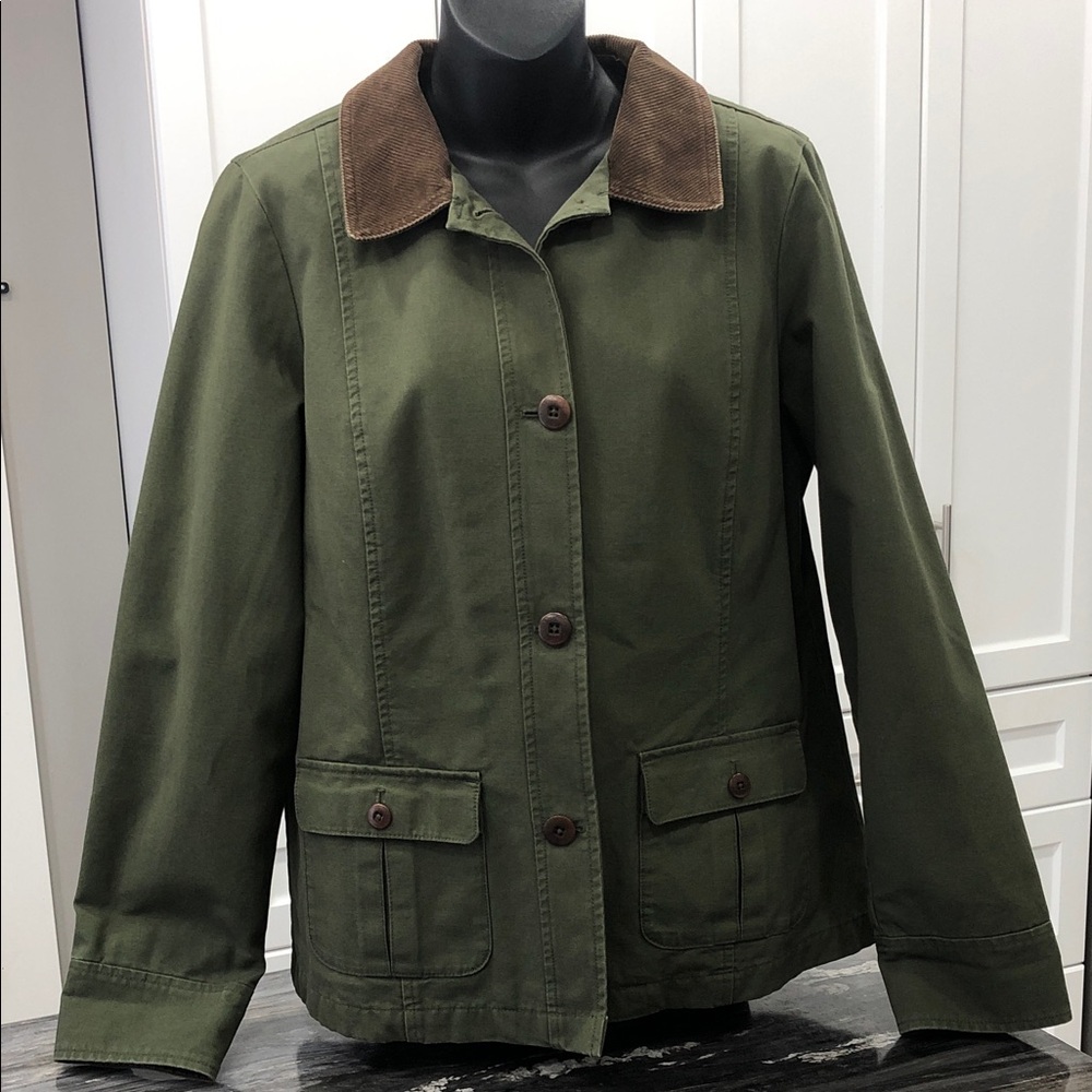 L.L. Bean Olive Green Utility Jacket with Brown Corduroy Collar